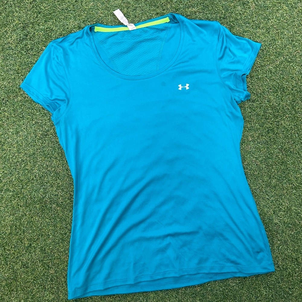 Under Armour Womens Teal Blue Mesh Back Short Sleeve Athletic T-Shirt HeatGear
